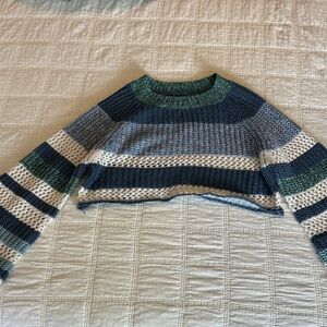 Oversized Boho Striped Crochet Knit Cropped Pullover